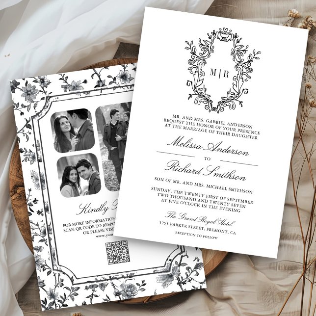 Black and White Chinoiserie Crest QR Code Wedding Invitation (Creator Uploaded)