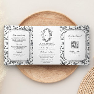 Black and White Chinoiserie Crest QR Code Wedding Tri-Fold Invitation