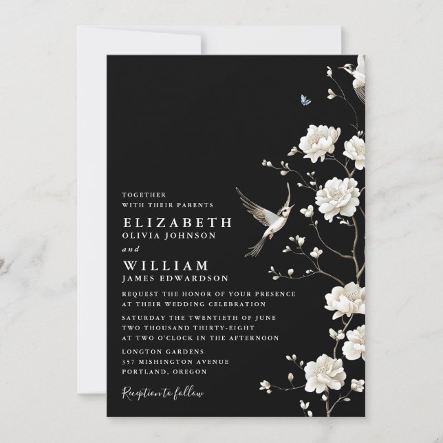 Black And White Chinoiserie Floral Details Wedding Invitation (Front)
