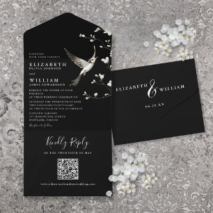 Black And White Chinoiserie Floral QR Code Wedding All In One Invitation