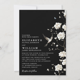 Black And White Chinoiserie Floral QR Code Wedding Invitation