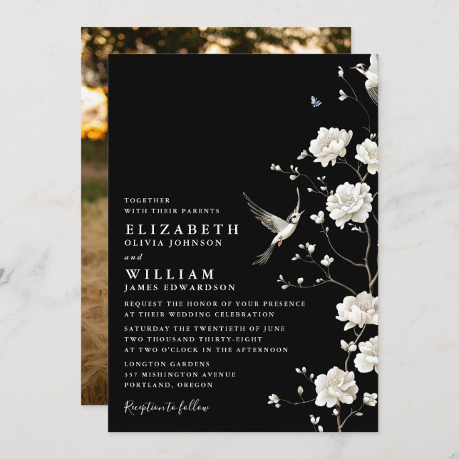 Black And White Chinoiserie Floral Wedding Photo Invitation (Front/Back)