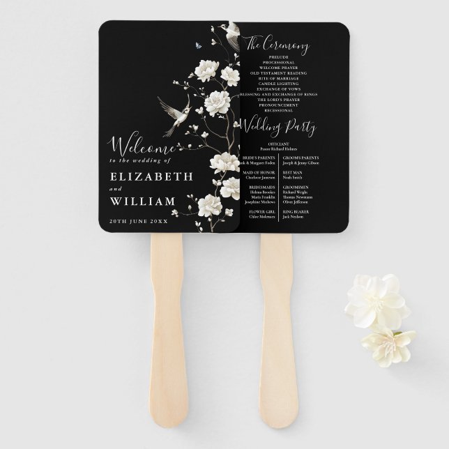 Black And White Chinoiserie Floral Wedding Program Hand Fan (Front and Back)