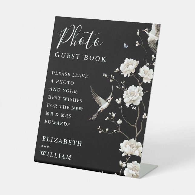 Black And White Chinoiserie Photo Guest Book  Pedestal Sign (Front)