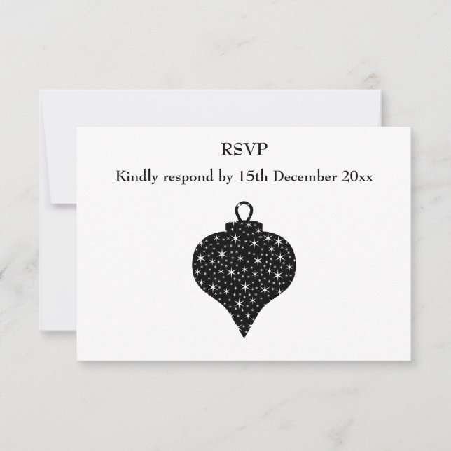 Black and White Christmas Bauble Design. RSVP Card (Front)