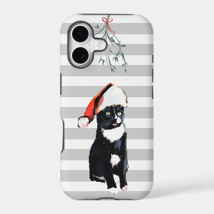 Black and White Christmas Cat with santa hat