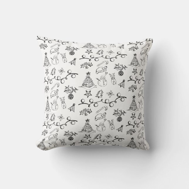 Black and White Christmas Drawings Pattern Cushion (Front)