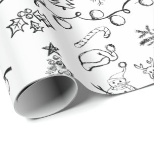 Black and White Christmas Drawings Pattern Wrapping Paper