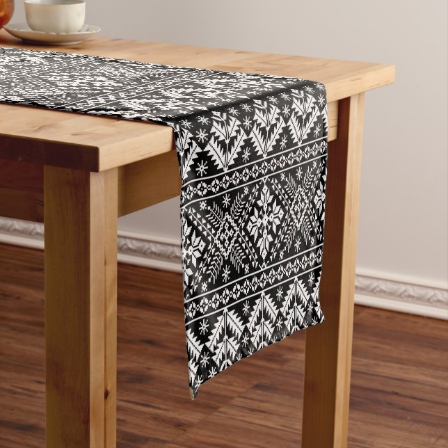 Black and White Christmas Fair Isle Pattern Short Table Runner (In Situ)