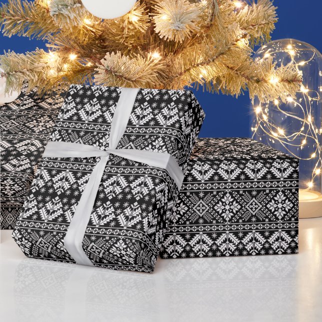 Black and White Christmas Fair Isle Pattern Wrapping Paper (Holidays)