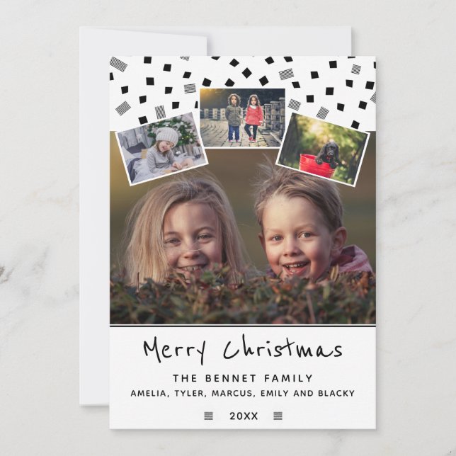 Black and White Christmas Family 4 Photo Collage Holiday Card (Front)