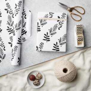 black and white Christmas greenery  wrapping paper