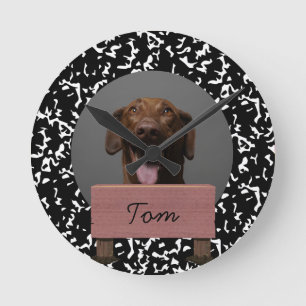 black and white christmas holiday Custom Dog   Round Clock