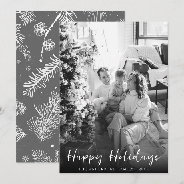 Black And White Christmas Modern Family Photo Holiday Card (Front/Back)