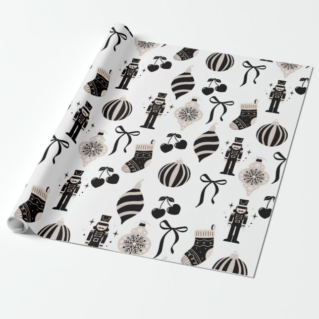 Black and White Christmas Pattern Wrapping Paper (Unrolled)