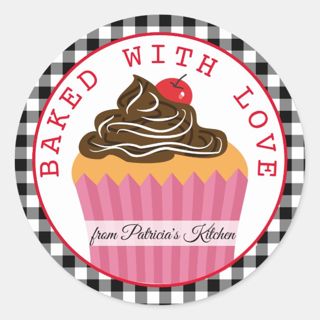 Black And White Christmas Plaid Baked With Love Classic Round Sticker (Front)