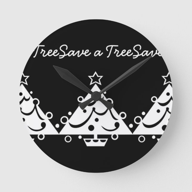 Black and White Christmas Save The Tree Round Clock (Front)