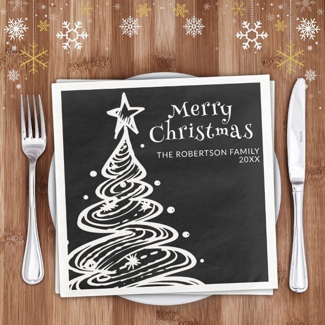 Black and White Christmas Tree Christmas Party Napkin (Creator Uploaded)