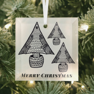 Black and White Christmas Tree Drawing Glass Tree Decoration
