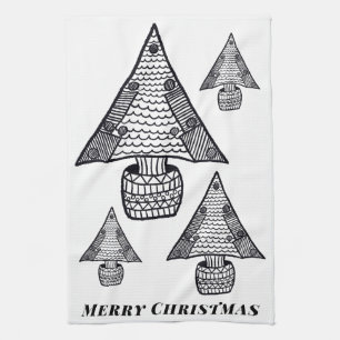 Black and White Christmas Tree Drawing Tea Towel
