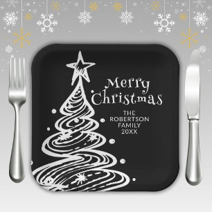 Black and White Christmas Tree Party Paper Plate