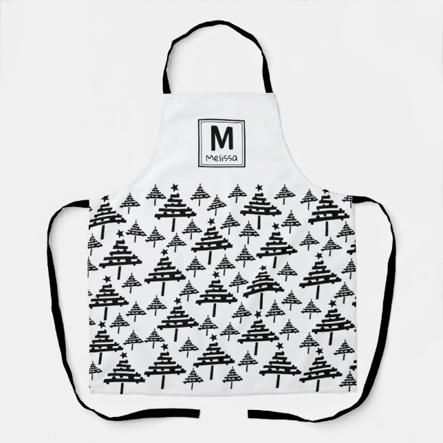 Black and White Christmas Tree Pattern Monogram Apron (Front)
