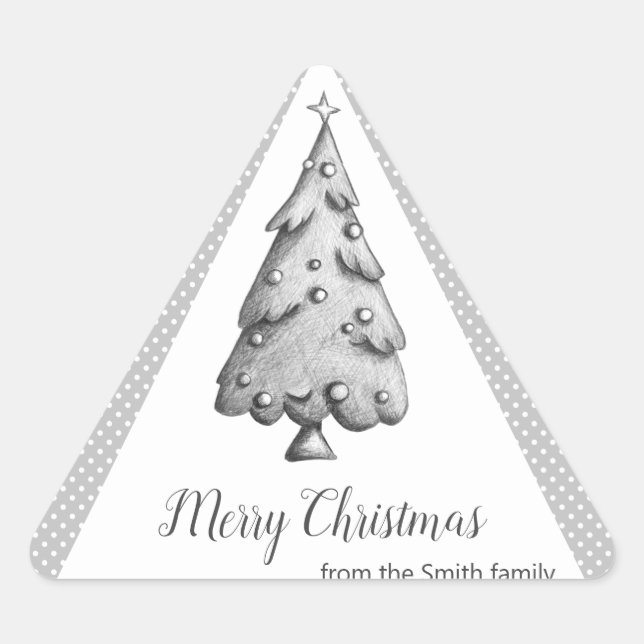 Black and white christmas tree personalised triangle sticker (Front)