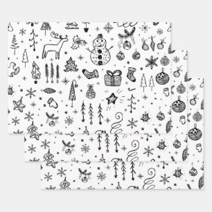 Black and White Christmas Tree Snowman Gift Wrapping Paper Sheet