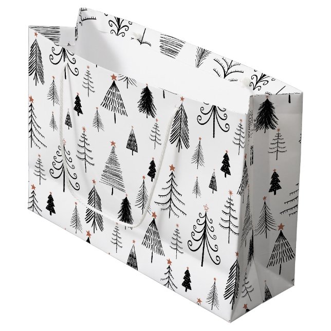 Black and White Christmas Trees  Large Gift Bag (Front Angled)