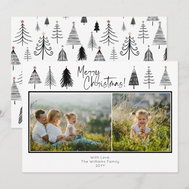 Black and White Christmas Trees Two Photo  Holiday Card (Front/Back)