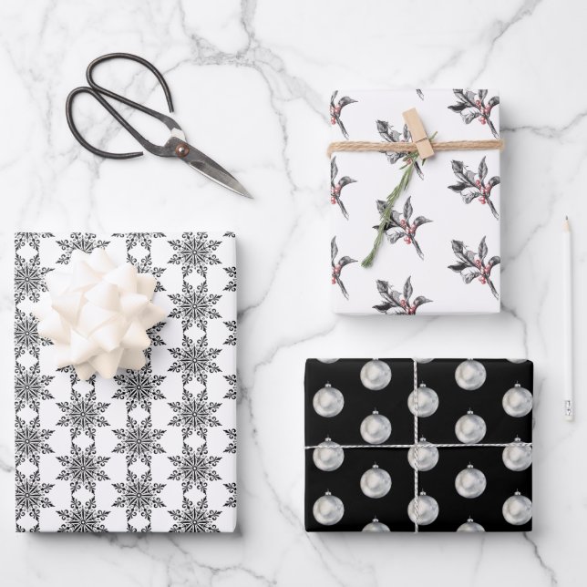 Black and White Christmas Wrapping Paper Sheets (Front)