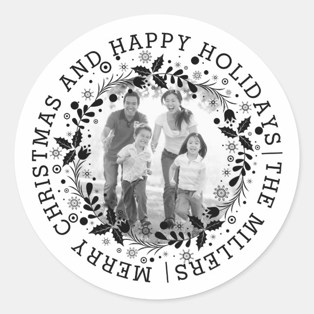 Black and white Christmas wreath and photo Classic Round Sticker (Front)