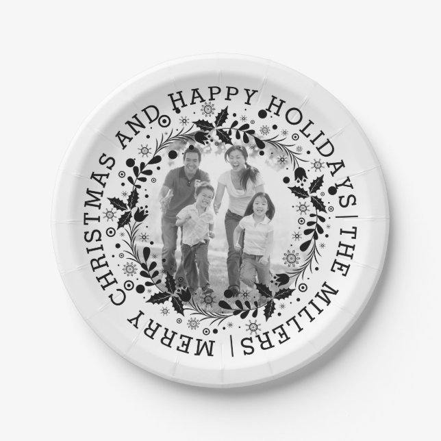 Black and white Christmas wreath and photo Paper Plate (Front)