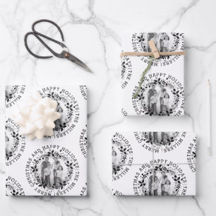 Black and white Christmas wreath and photo Wrapping Paper Sheet