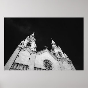 Black and White Church Bell Towers Poster