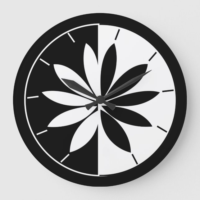 Black and White Circle Floral Pattern Large Clock (Front)