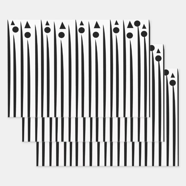Black and White Circle Triangle Stripe Pattern Wrapping Paper Sheet (Set)