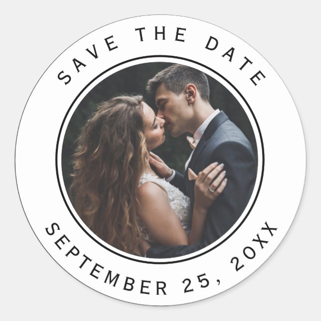 Black and White Circle Wedding Photo Save the Date Classic Round Sticker (Front)