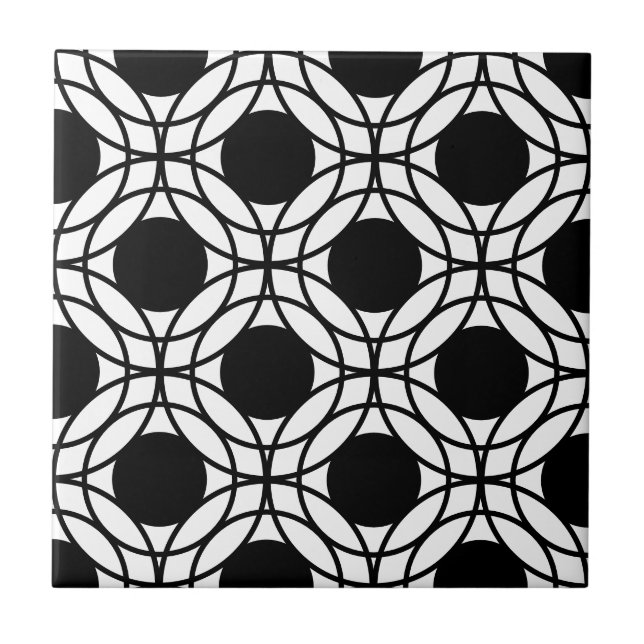 Black and White Circles and Dots Pattern Tile (Front)
