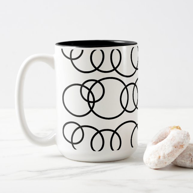 Black and White Circles Bubble Pattern Two-Tone Coffee Mug (With Donut)