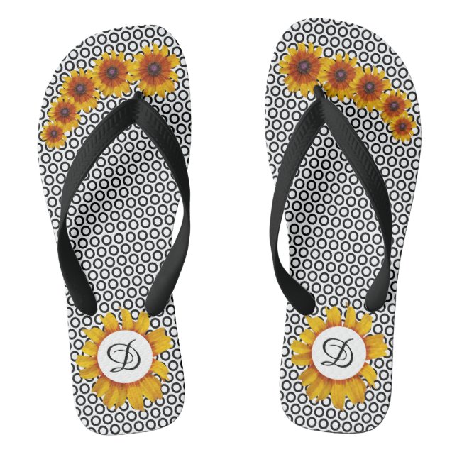 Black And White Circles With Sunflowers Flip Flops (Footbed)