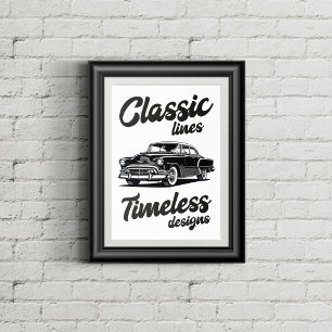Black and white classic car illustration. poster
