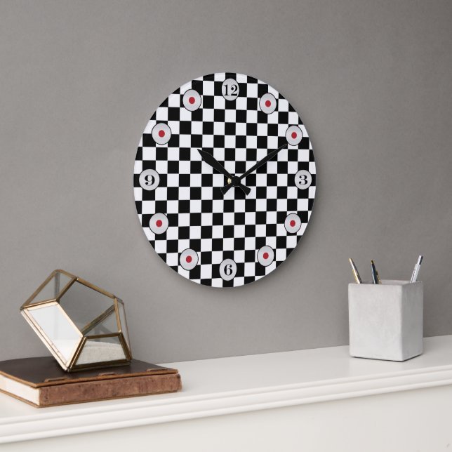 Black and White Classic Chequerboard by STaylor Large Clock (Office)