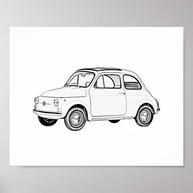 Black and White Classic Fiat 500 Pencil Drawing Poster (Front)