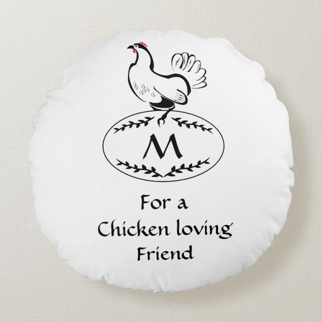 Black and White Classic Hen on a Monogram Egg Round Cushion (Front)