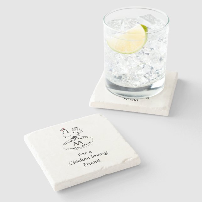 Black and White Classic Hen on a Monogram Egg Stone Coaster (Side)