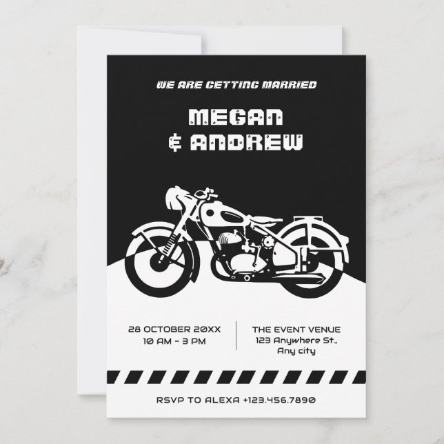 Black and White Classic Motorcycle wedding Invitation (Front)