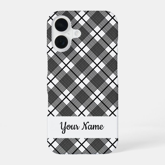 Black and White Classic Plaid Pattern Editable iPhone 16 Case (Back)