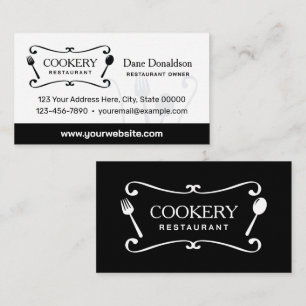 Black and White Classic Restaurant Fork and Spoon Business Card