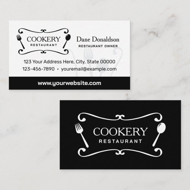 Black and White Classic Restaurant Fork and Spoon Business Card (Front/Back)